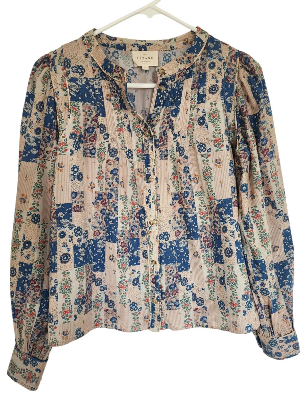 Sezane Mariana Blue Floral Patchwork Blouse Shirt FR 34 US 2 XS Cotton